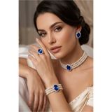 Happyline Cam İncili saks mavi oval taşlı gümüş kaplama inci choker kolye tasarım şık kolye set küpe bileklik yüzük takım