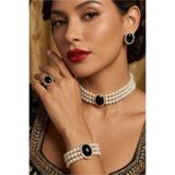 Happyline Cam İncili siyah oval taşlı gold kaplama inci choker kolye tasarım şık kolye set küpe bileklik yüzük takım