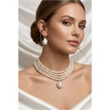 Happyline Cam İncili Tasma Kolye, Choker Kolye,Tasarım Kolye, Şık Kolye, Kolye Set, Küpe, İnci Set Kolye