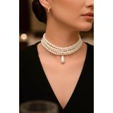 Happyline Choker Kolye Özel Tasarım , Cam İnci Choker, Barok Tasma Kolye Cam İncili Tasma, Kolye, Krem Kolye