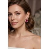 Happyline Fuşya Taşlı Oval Küpe Choker Tasma Gold Kaplama Kına Küpe Abiye Küpe 2,5 cm