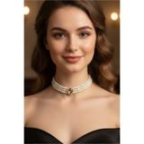 Happyline Gold Oval Taşlı Cam İncili Choker Kolye, Tasma Kolye, Gold Kaplama Tasarım Kolye, Bal Taşlı Kolye