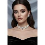 Happyline Gümüş Oval Taşlı Choker Kolye Küpe Takım Tasma Kolye Cam İncili Gümüş Kaplama Renkli Choker Kolye