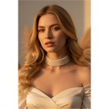 Happyline İnci Choker Kolye, Tasma Kolye, Şık Tasarım Kolye, Cam İnci 5 Sıra Sarmalı Kolye, İnci Kolye,Beyaz Kolye