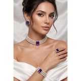 Happyline İncili baget mor taşlı gümüş kaplama cam inci choker kolye tasarım kolye set küpe bileklik yüzük takım