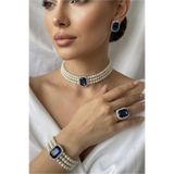 Happyline İncili baget taşlı gümüş kaplama cam inci choker kolye tasarım şık kolye set küpe bileklik yüzük takım