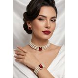 Happyline İncili bordo baget taşlı gold kaplama cam inci choker kolye tasarım şık kolye set küpe bileklik takım