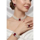 Happyline İncili bordo baget taşlı gümüş kaplama cam inci choker kolye tasarım şık kolye set küpe bileklik yüzük takım