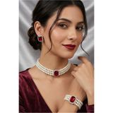 Happyline İncili bordo baget taşlı gümüş kaplama inci choker kolye tasarım şık kolye set küpe bileklik takım