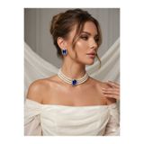 Happyline İncili Gold Kaplama Saks Mavi Baget Taşlı Tasma Choker Kolye Özel Tasarım Kolye Şık Kolye Set Küpe Takım