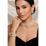 Happyline İncili gümüş baget taşlı gold kaplama cam inci choker kolye tasarım şık kolye set küpe bileklik yüzük takım