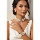 Happyline İncili gümüş baget taşlı gümüş kaplama cam inci choker kolye tasarım şık kolye set küpe bileklik yüzük takım