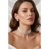 Happyline İncili Gümüş Kaplama Tasma Pembe Baget Taşlı Choker Kolye Özel Tasarım Kolye Şık Kolye Set Küpe Takım