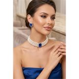 Happyline İncili Gümüş Kaplama Tasma Saks Mavi Baget Taşlı Choker Kolye Özel Tasarım Kolye Şık Kolye Set Küpe Takım