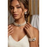 Happyline İncili gümüş oval taşlı gold kaplama cam inci choker kolye tasarım şık kolye set küpe bileklik takım