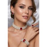 Happyline İncili kırmızı baget taşlı gümüş kaplama cam inci choker kolye tasarım şık kolye set küpe bileklik yüzük takım