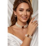 Happyline İncili oval kahve taşlı gold kaplama cam inci choker kolye tasarım şık kolye set küpe bileklik takım