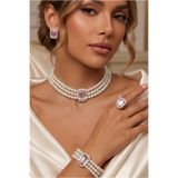 Happyline İncili pembe baget taşlı gümüş kaplama cam inci choker kolye tasarım şık kolye set küpe bileklik yüzük takım
