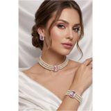 Happyline İncili pembe baget taşlı gümüş kaplama inci choker kolye tasarım şık kolye set küpe bileklik takım