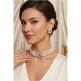 Happyline İncili Pembe Gold Kaplama Baget Taşlı Tasma Choker Kolye Özel Tasarım Kolye Şık Kolye Set Küpe Takım