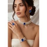 Happyline İncili saks mavisi baget taşlı gümüş kaplama cam inci choker kolye tasarım kolye set küpe bileklik yüzük takım
