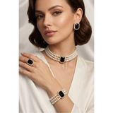 Happyline İncili siyah baget taşlı gold kaplama cam inci choker kolye tasarım şık kolye set küpe bileklik yüzük takım