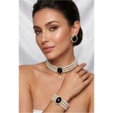 Happyline İncili siyah oval taşlı gold kaplama cam inci choker kolye tasarım şık kolye set küpe bileklik takım