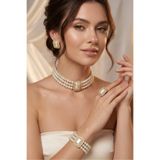 Happyline İncili taşlı gold kaplama cam inci choker kolye tasarım şık kolye set küpe bileklik yüzük takım