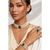 Happyline İncili yeşil oval taşlı gold kaplama cam inci choker kolye tasarım şık kolye set küpe bileklik yüzük takım
