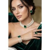 Happyline İncili yeşilbaget taşlı gold kaplama cam inci choker kolye tasarım şık kolye set küpe bileklik yüzük takım