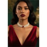 Happyline Kırmızı Oval Taşlı Cam İncili Choker Kolye, Tasma Kolye, Gold Kaplama Tasarım Kolye, Şık Kolye, Kolye