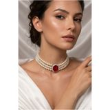Happyline Kırmızı Oval Taşlı Cam İncili Choker Kolye, Tasma Kolye, Gümüş Kaplama Tasarım Kolye, Şık Kolye, Kolye