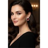Happyline Kırmızı Taşlı Küpe Choker Tasma Gümüş Kaplama Kına Küpe Abiye Küpe Baget Küpe 2,5 cm