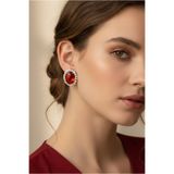 Happyline Kırmızı Taşlı Oval Küpe Choker Tasma Gümüş Kaplama Kına Küpe Abiye Küpe 2,5 cm
