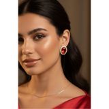 Happyline Kırmızı Taşlı OvalKüpe Choker Tasma Gold Kaplama Kına Küpe Abiye Küpe 2,5 cm