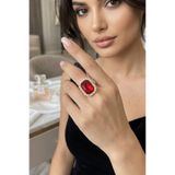 Happyline Kırmızı Taşlı Yüzük Gold Kaplama Yüzük Kına Yüzük Abiye Yüzük Baget Yüzük 2,5 cm