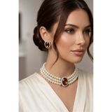 Happyline Kolye Oval Kahve Taşlı Choker Kolye Küpe Takım Tasma Kolye Cam İncili Gümüş Kaplama Renkli Choker Kolye