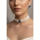 Happyline Lacivert Oval Taşlı Cam İncili Choker Kolye, Tasma Kolye, Gümüş Kaplama Tasarım Kolye, Şık Kolye, Kolye