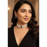 Happyline Lacivert Oval Taşlı Choker Kolye Küpe Takım Tasma Kolye Cam İncili Gold Kaplama Renkli Choker Kolye