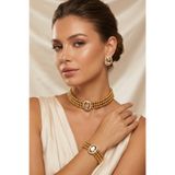 Happyline Oval Bal Taşlı Gold Boncuklu Choker Set Takım, Gold Boncuk Kolye , Tasma Kolye ,Küpe , Bileklik , Gümüş Kaplama Tasarım Set Kolye, Abiye Takı,