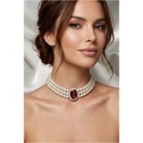 Happyline Oval Bordo Taşlı Cam İncili Choker Kolye, Tasma Kolye, Gümüş Kaplama Tasarım Kolye, Şık Kolye, Kolye