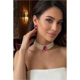 Happyline Oval Fuşya Taşlı Choker Kolye Küpe Takım Tasma Kolye Cam İncili Gold Kaplama Renkli