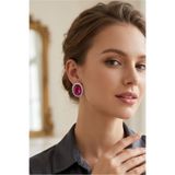 Happyline Oval Fuşya Taşlı Küpe Choker Tasma Gümüş Kaplama Kına Küpe Abiye Küpe 2,5 cm
