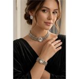 Happyline Oval Gümüş Taşlı Gri Boncuklu Choker Set Takım, Gri Boncuk Kolye , Tasma Kolye ,Küpe , Bileklik , Gümüş Kaplama Tasarım Set Kolye, Abiye Takı,
