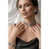 Happyline Oval Gümüş Taşlı Gri Boncuklu Choker Set Takım, Gri Boncuk Kolye , Tasma Kolye ,Küpe , Bileklik ,Yüzük, Gümüş Kaplama Tasarım Set Kolye, Abiye Takı,