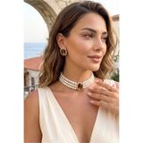 Happyline Oval Kahve Taşlı Choker Kolye Küpe Takım Tasma Kolye Cam İncili Gold Kaplama Renkli Choker Kolye