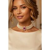 Happyline Oval Pembe Taşlı Cam İncili Choker Kolye, Tasma Kolye, Gold Kaplama Tasarım Kolye, Şık Kolye, Kolye