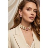 Happyline Oval Pembe Taşlı Choker Kolye Küpe Takım Tasma Kolye Cam İncili Gold Kaplama Renkli Choker Kolye