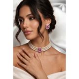 Happyline Oval Pembe Taşlı Choker Kolye Küpe Takım Tasma Kolye Cam İncili Gümüş Kaplama Renkli Choker Kolye