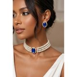 Happyline Oval Saks Mavi Taşlı Choker Kolye Küpe Takım Tasma Kolye Cam İncili Gold Kaplama Renkli Choker Kolye